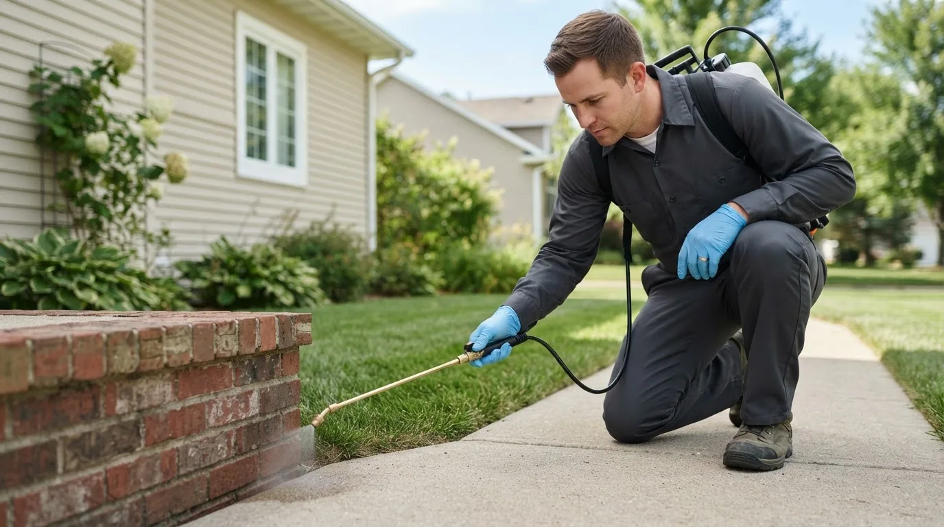 Pest control technician treating a home near Adrian, MO