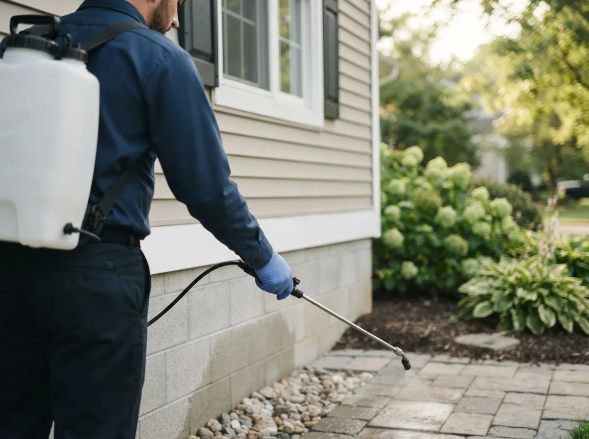 Pest control technician inspecting a home in Adrian, MO